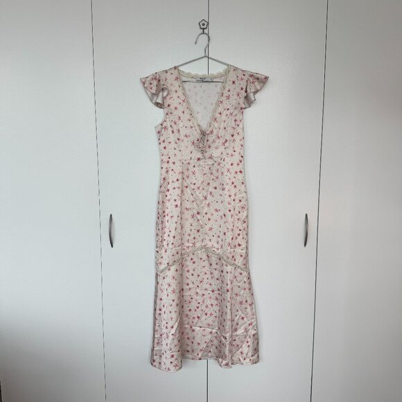 NA-KD Lace Insert Frill Sleeve Midi Dress - Picture 1 of 4